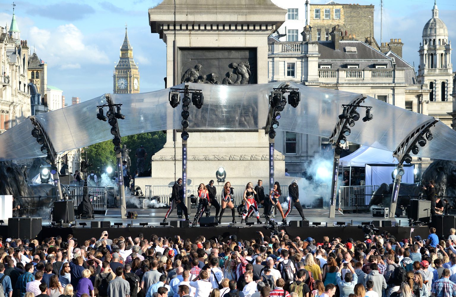 LONDON, ENGLAND - JULY 12:  Little Mix perform on stage at the F1 Live in London event at Trafalgar Square on July 12, 2017 in London, England.  F1 Live London, the first time in Formula 1 history that all 10 teams come together outside of a race weekend to put on a show for the public in the heart of London.  (Photo by Eamonn M. McCormack/Getty Images for Formula 1) *** Local Caption *** Jade Thirlwalll; Jesy Nelson; Perrie Edwards; Leigh-Anne Pinnock